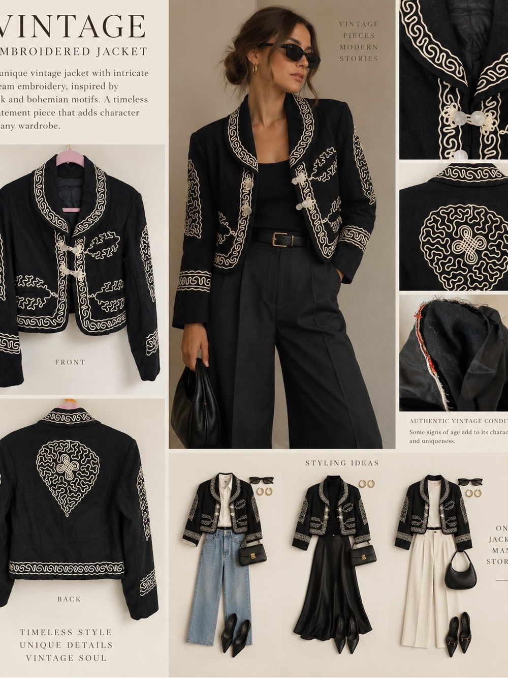Vintage Embroidered Black Jacket - Women's Cropped Coat
